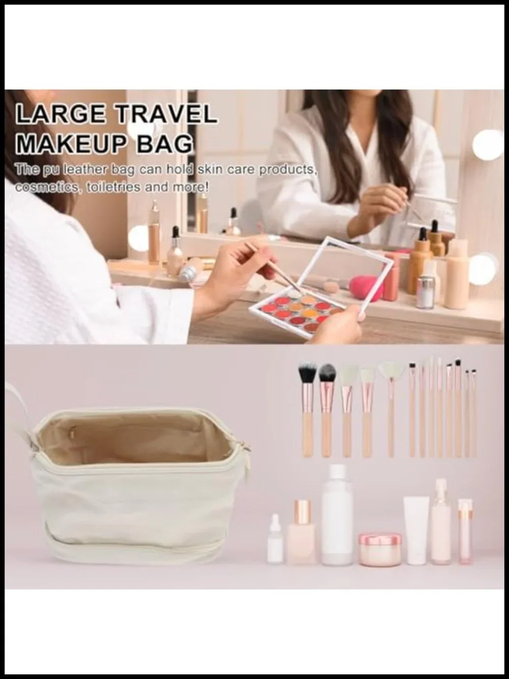 Double Layer Waterproof PU Leather Travel Makeup Bag with Brush Storage